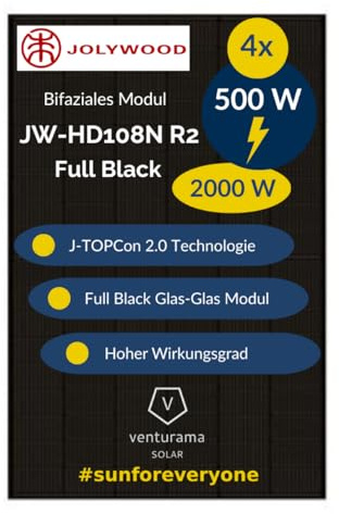 4x Jolywood JW-HD108N R2 500W Full Black – Bifazial Glas-Glas Modul