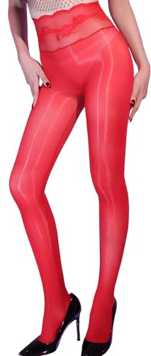 AIEOE Skimmer tights för kvinnor olja glänsande glansiga strumpbyxor blommiga strumpor sexiga blixtstrumpor hög midja spets snäva rena formande leggings, Glansig röd, one size