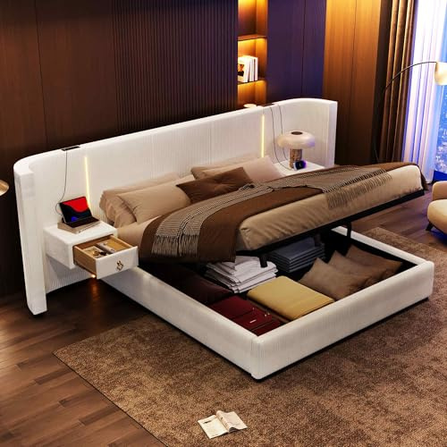 KecDuey Letto imbottito 180 x 200 cm, letto matrimoniale con 2 cassetti, telaio idraulico con striscia LED, vano portaoggetti idraulico, USB + Type-C, velluto (beige)