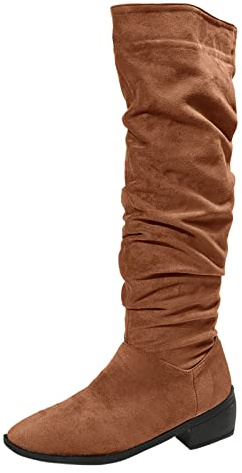 Generisch Plain Flock Boots with Pleated Pointed Toe, Thick Sections, Elegant Long Winter Boots for Women, Wellington Boots with Non-Slip Sole, Women's Ankle Boots with Heel, Elegant Pointed, brown, 5