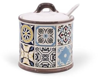 MAESTRO Sucrier en céramique 300 ml avec cuillère Holiday in Porto | pot décoratif style azulejos design élégant pour café et thé | accessoire cuisine premium hermétique et raffiné