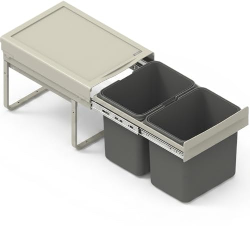 FurniFit systeme de tri des dechets encastrable pour meuble bas 40 cm, 2 compartiments 2x15 L, systeme coulissant rails metal sortie totale avec poignee, dimensions 35 x 50 x 33 cm