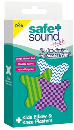 Safe & Sound Kids Elbow & Knee Plasters, 6 Pack, Large | Hypoallergenic Fabric, Fun Designs for Children, Flexible Wound Care, For Scrapes and Grazes