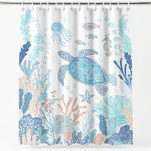 Drömlik undervatten duschdraperi 200 H x 240 B cm havssköldpadda korall fisk svärm sjöhäst hav duschdraperi med krok, badrumsgardin polyester vattentät antimögel badrumsgardiner