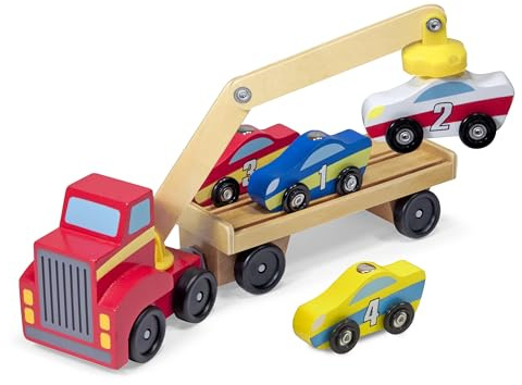 Melissa & Doug Magnetic Car Loader Wooden Toy Set with 4 Cars and 1 Semi-Trailer Truck Crane Wooden Toy, Vehicle Toys for Kids Ages 3+