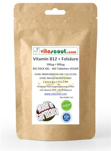 Vitamin B12 500 µg + Folsäure 800 µg, 365 Tabletten, Methylcobalamin & B9, Vegan, Ohne Mikrokristalline Cellulose; Ohne Magnesiumstearat