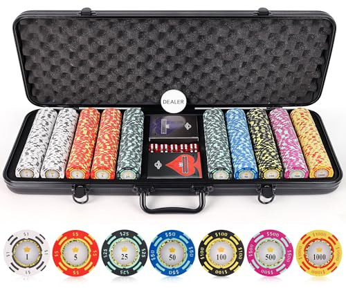 Versa Games Poker Chips - Clay Poker Chips Set - 13.5g 500 Piece Crown Casino Poker Set with Numbers Denomination - Upgraded Poker Set Case