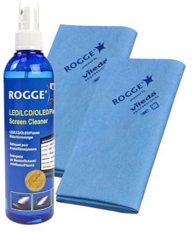 ROGGE Duo-Clean Original Set, 250ml Bildschirm Reiniger + 2 ROGGE&Vileda Microfasertücher. Reinigt Handy, Laptop und TV Displays - LCD, LED, OLED, QLED, TFT entfernt Fettflecken und Fingerabdrücke.