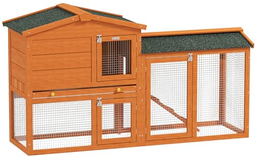 PawHut Rabbit Hutch Outdoor, 2 Tier Guinea Pig Hutch with Run, Ramp, Slide-out Tray, Asphalt Roof, 150 x 45 x 85cm