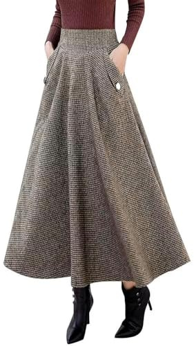 Ylingjun Varm lång ullkjol för kvinnor vinter höst elastisk hög midja A linje utsvängda veckade ullkjolar, Khaki, XL
