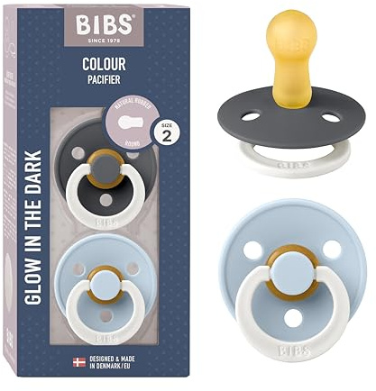 BIBS Colour Ciuccio confezione da 2 pezzi. Privo di BPA, Tettarella tonda. Lattice di gomma naturale, Misura 2 (6-18 mesi), Iron NIGHT/Baby Blue NIGHT
