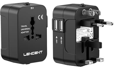 LENCENT Adaptador de Viaje, Adaptador Enchufe Universal, Enchufe de Viaje para más de 200 países, Adaptador Enchufe con 2 Puertos de USB, Compatible con EU/UK/EEUU/AUS