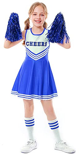 LOLANTA Cheerleader Kostüm Kinder, Cheerleadering Outfit Mädchen mit Pompons(11-12 Jahre,Blau,Tag S/160)