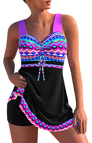 Minetom Maillot de Bain Robe Tankini Amincissant Push Up Bikini à Jupette Tankini Ensembles Maillots Set Beachwear 2 Pieces E Noir XL