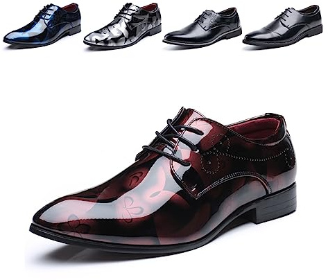 Chaussure Homme Derby Oxford Homme Classique Brogues Casual Mariage Chaussures Dressing Lacets Cuir Vernis 1012 Rouge Taille 44