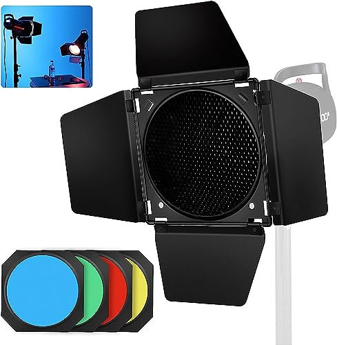 Soonpho BD-04 Barn Door Metall Scheunentür & Wabenraster & 4 Farb Gel Filter Set für 7 Standard Reflektor Bowens Mount Kompatibel mit GODOX LED Video Light para NEEWER Amaran Aputure