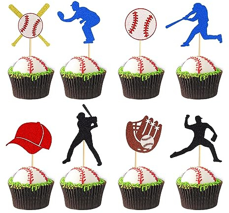 Arthsdite 24 adornos para cupcakes de béisbol, jugadores de béisbol, temática deportiva, púas de magdalenas, tema deportivo de béisbol, baby shower, fiesta de cumpleaños para niños, suministros de