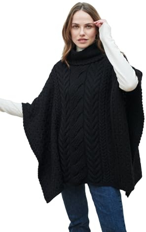 Aran Woollen Mills Poncho in lana merino Supersoft con taglio a cascata da donna, Nero , Taglia unica