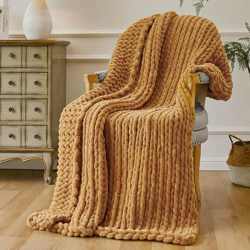Esterra Chunky Knit Throw Blanket Newly Upgraded Heavy Tighter Version, Handmade Chenille Throw Super Soft, Thick Yarn Cable Knit Crochet Throw Blanket for Couch Bed Sofa (50x60 Mustard Yellow)
