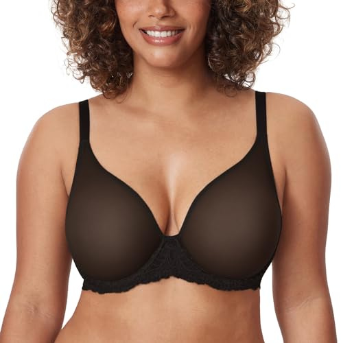 Delimira Women's Mesh Sheer Bra Full Coverage Underwire Unlined See Through Plus Size Bras Black 36DD
