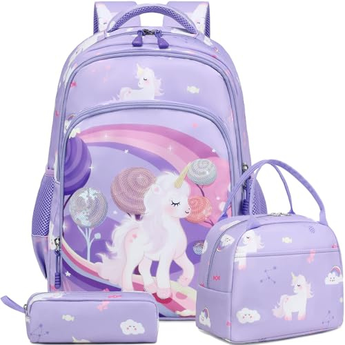 Kimwadalh Cartable Fille Licorne Primaire Sac à Dos Licorne Enfant Sets de Sacs Scolaires CE1 CE2 + Isotherme Panier Repas + Trousse