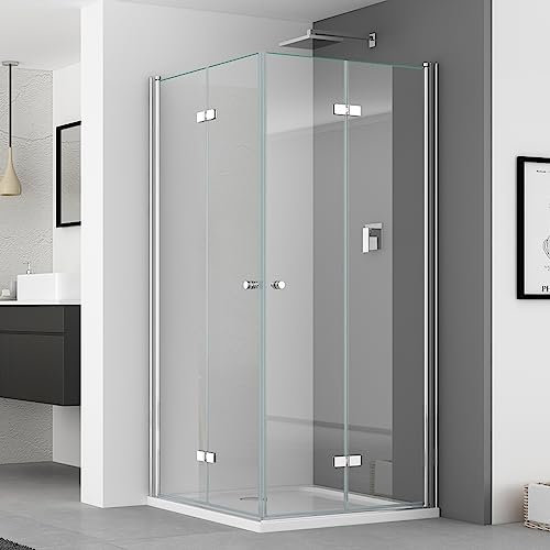 IMPTS Duschabtrennung 75x90cm Eckeinstieg Flattür Duschkabine Flatbar Doppel Duschtür Rahmenlos Falttürkabine 5mm ESG-Glas 180°Drehfalttür Duschwand Faltdusche eckdusche Höhe 185cm
