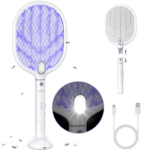 PALONE Elektrische Fliegenklatsche Extra Stark 4000V mit 2 Type-C, 1800mAh Wiederaufladbar Fliegenklatsche Elektrisch, Nacht LED Abnehmbar UV Insektenvernichter Elektro Mückenklatsche