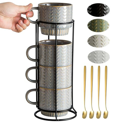 Miamolo Juego de 4 tazas de café con cucharas y soporte, tazas de café apilables de 13 onzas para bebidas, té con leche, capuchino, taza de café para mujeres, hombres, parejas, regalo de cumpleaños,