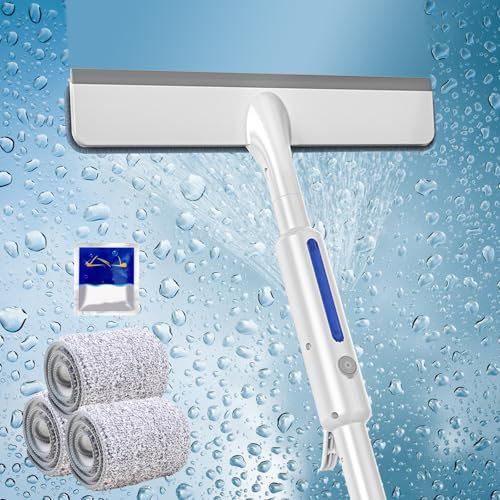 LEKEFETO - Lavavetri 3 in 1, con funzione spray e manico telescopico: set professionale per la pulizia delle finestre su entrambi i lati, 30 cm, 3 panni in microfibra per la doccia