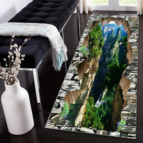 Siunwdiy 3D Teppich Läufer Flur Küche rutschfest Waschbar Grün Blumenmuster Brücken Teppichläufer Korridor Teppich Wald Küchenläufer Lang 100x300cm Flurteppich Küchenteppich Meterware Anpassbar