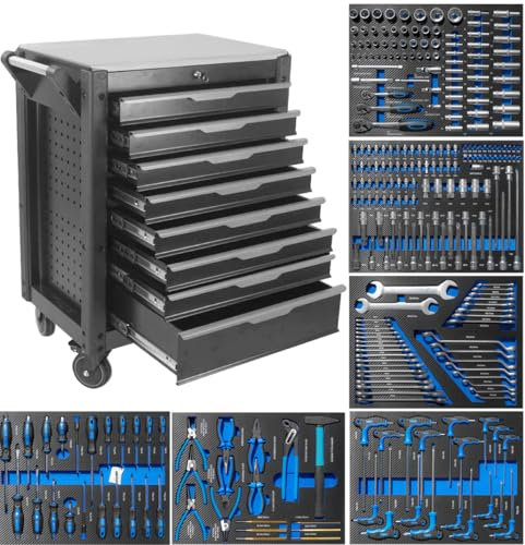 JOMAFA Carro de Taller 8 cajones con Herramienta y Bandeja de Acero Inoxidable, 6 MODULOS EVA Azul