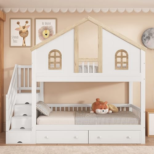 Ymkua Letto a Castello 90x200 cm, Letto per Bambini con Scala Contenitore e 2 cassetti, letti a Soppalco con Tetto e Finestra, letti con Rete a Doghe e Protezione Anticaduta, Naturale, Senza Materasso