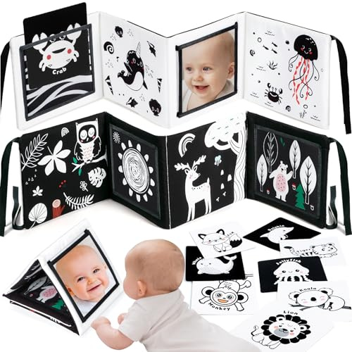 URMYWO Giochi per Neonati 0-3-6-9-12 Mesi, Libro Sensoriale Morbido con Specchio, Pieghevole e Lavabile, Giocattoli Montessori per Tummy Time, Regalo di Nascita per Bambini