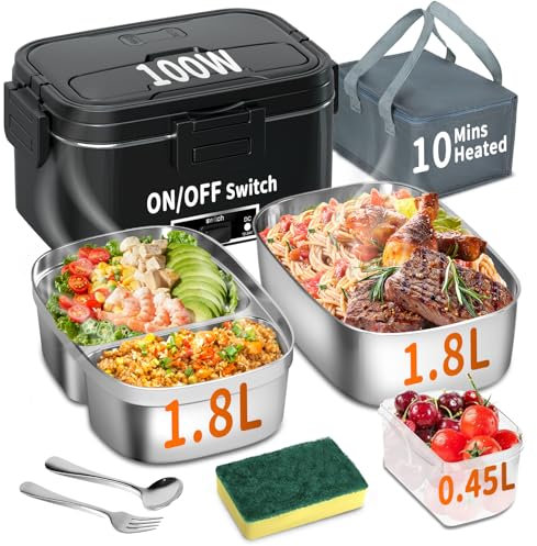 STS1.8L Boîte à déjeuner électrique 100 W, portable 3 en 1, boîte à lunch amovible en acier inoxydable, 12 V/24 V/220 V, pour voiture, camion, bureau, avec sac isotherme (noir, STS1.8L)