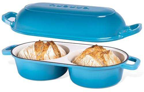 Dutch Oven for Sourdough Bread Baking – Enamelled Cast Iron Bread Loaf Pot – 500°F Oven Safe Non Stick Bread Pot – Double Round Loaf Space, 16.5cm Diameter, Light Blue, – by Nuovva