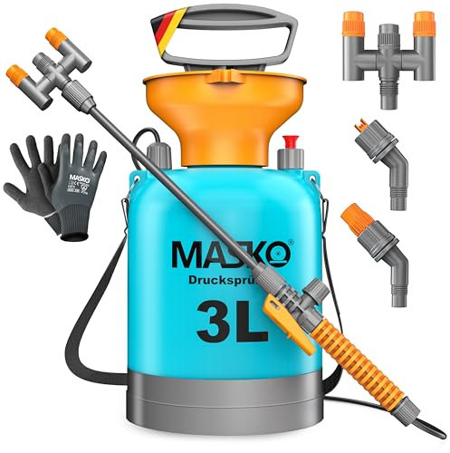 MASKO® Drucksprüher säurebeständiges Drucksprühgerät 3L Füllinhalt mit verstellbaren Düsen & 1,3m Schlauch | Sprühgerät für Pflanzenschutz, Garten & Auto | Pumpsprühflasche inkl Tragegurt & Handschuhe