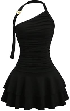 SweatyRocks Mini robe dos nu pour femme - Robe trapèze avec volants - Sans manches - Robe de fête à bretelles multicouches - Robe décontractée, Noir , M