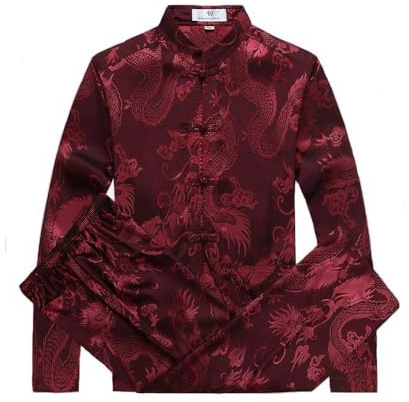 Rubruan Men’s Chinese Tang Suit Set – Dragon Pattern Long Sleeve Kung Fu Shirt and Trousers – Traditional Cotton Linen Chinese Outfit for Tai Chi, Meditation, Costume or Daily Wear