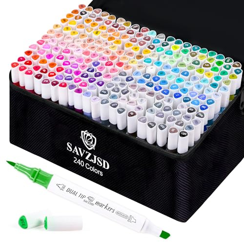 SAVZJSD 240 Colors Markers Set, 240 Colors Dual Tip Markers Set, Fine & Chisel Double Tipped Art Markers for Kids Adults Beginners & Artists in Coloring, Painting(Water-based Markers)