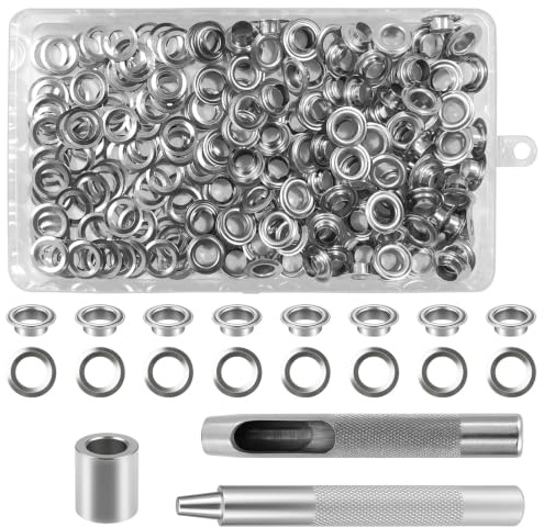 dabinzhijia 120 Set Kit de Grommets Eyelets Outils, Intérieur 8/10/12mm Metal Ensembles Oeillet, Grommet Kit avec 3 Pièces Outil, Oeillets pour Bâche, Toile Bâche Tentes de Réparation Argent (8mm)