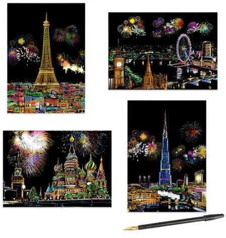 OUDQFCJ 4 Scratch Art – Papier à gratter artistique – Art créatif pour adultes – Idéal pour graffitis, dessins et peintures – Un cadeau parfait pour anniversaires et fêtes
