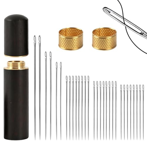 30 Pcs Self Threading Sewing Needles, Sharp Point Embroidery Needles Set for Hand Sewing Needle Kit with 2 Thimble & Wooden Needle Case, One Second Easy Thread Knitting Accessories Stitching Kit