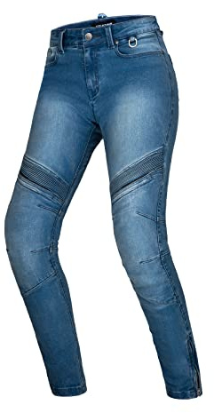 Shima Jess Jeans Moto Donna - Pantalone Transpirante, Elasticizzati, vestibilità Regolare con Strato in Kevlar, Protezioni Slim Fit, per Ginocchia e Fianchi (Blu, 28 Long)