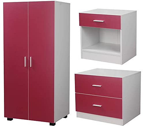 URBNLIVING Orlando 3 Piece Wooden Kids Bedroom Set Wardrobe Chest Cabinet Bedside Table (Pink)