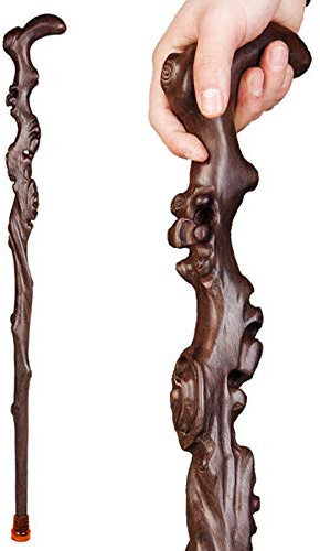 Bahu Wood Carved Crutch, Handmade Wooden Cane for Men and Women, Fashionable Comfortable Handle Walking Sticks, Retro Cane, Exquisite Carving Walking Canes as Gift (Brown1) (BH-1)