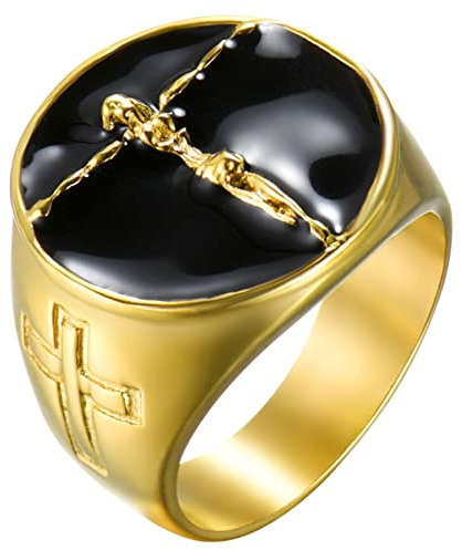 JewelryWe Schmuck Herren-Ring Edelstahl Retro Christian Jesus Christus Kreuz Ring Siegelring Religiöser Männer Band Bandring Gravur, Gold Schwarz Größe 70