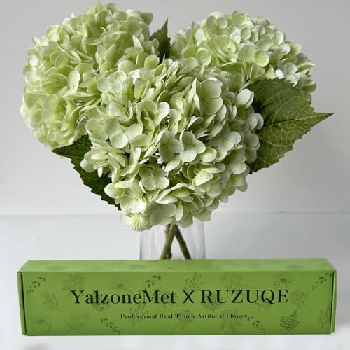 YalzoneMet 3 hortensias Artificiales de Tacto Real de Color Verde Claro, 21 Pulgadas, hortensias Artificiales de Seda de látex para decoración del hogar, Boda, arreglo Floral