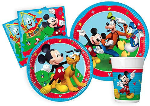 Kit Vajilla de Fiesta Disney Mickey Rock the House para 24 personas (112 pcs: 24 platos Ø23cm, 24 platos Ø20cm, 24 vasos 200ml, 40 servilletas 33x33cm)