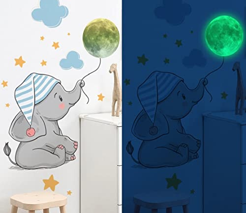 WandSticker4U®- XXL Wandsticker ELEFANT + LEUCHT MOND (70x75 cm) I Wandtattoo leuchtend Mond Leuchtsticker Kinderzimmer I Wand Deko Babyzimmer Mädchen & Junge Sterne Wolken Aufkleber GROß