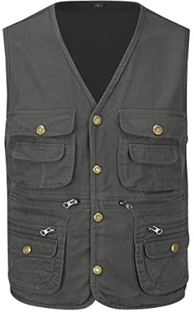 YOUTHUP Herr Multi Pocket Gilet utomhus fiskeväst bomull fotografi jakt safari väst användbarhet ärmlös jacka, Mörkgrön, M